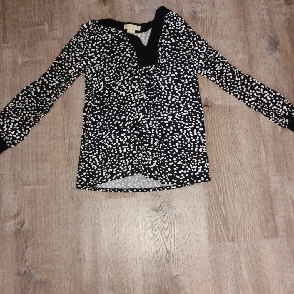 Michael Kors Black & White Speckled Spotted Print Long Sleeve Top Blouse